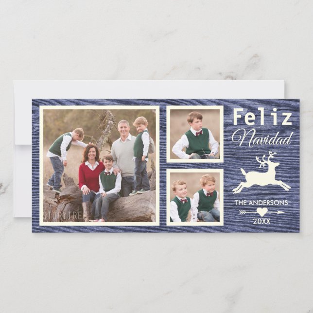 Spanish Rustic Wood Reindeer Blue Navidad Photo Holiday Card (Front)