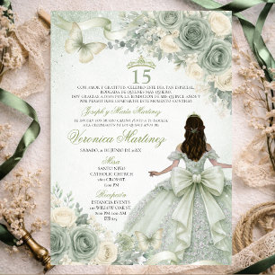 Spanish Sage Green Floral Charra Princess 15 Años Invitation