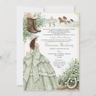 Spanish Sage Green Floral Charro Princess 15 Años Invitation