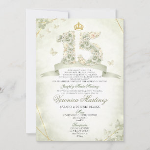 Spanish Sage Green Floral Gold Crown Sweet 15 Años Invitation