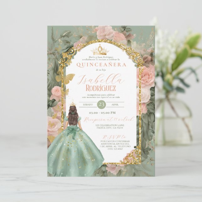 Spanish Sage Green Quinceañera 15 Anos  Invitation (Standing Front)
