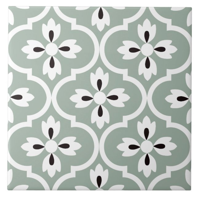 Spanish sage green, white floral black waterdrops  ceramic tile (Front)