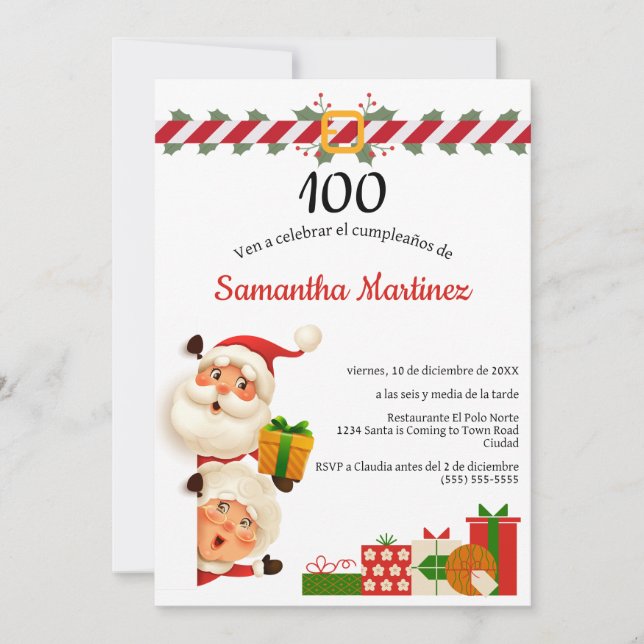 Spanish Santa & Mrs Claus Christmas 100 Birthday  Invitation (Front)