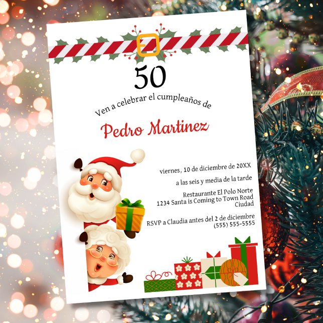 Spanish Santa & Mrs Claus Christmas 50th Birthday  Invitation (Creator Uploaded)