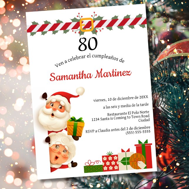 Spanish Santa & Mrs Claus Christmas 80th Birthday  Invitation (Creator Uploaded)
