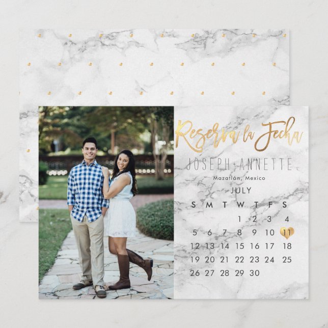 Spanish Save the Date Calendar Marble faux gold Invitation (Front/Back)