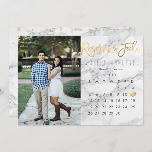 Spanish Save the Date Calendar Marble faux gold Invitation