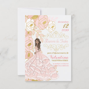 Spanish Save the Date Pink Gold Quinceanera Floral