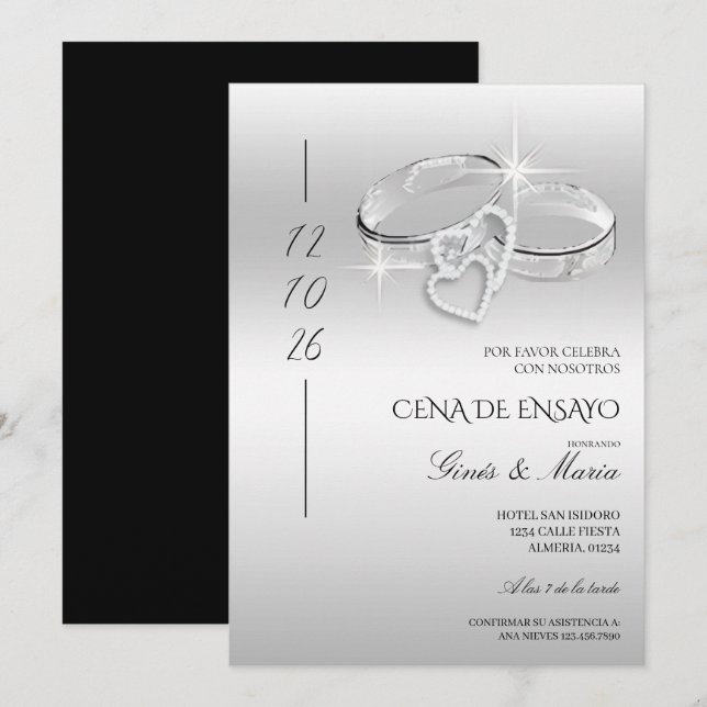 Spanish Silver Wedding Rings Rehearsal Dinner Invitation (Front/Back)