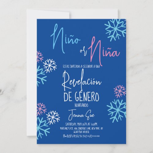 Spanish Snowflakes Pink Blue Gender Reveal Winter  Invitation