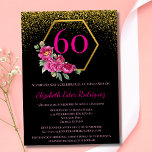 Spanish Sophisticated Black Pink 60th Birthday Invitation<br><div class="desc">Celebra el 60º cumpleaños de una mujer excepcional con esta Invitación Elegante de Cumpleaños en Español para el 60º Cumpleaños en Negro, Dorado y Rosa. Con un sofisticado fondo negro adornado con un brillante marco dorado en la parte superior, esta invitación emana clase y distinción. En el centro, un hexágono...</div>