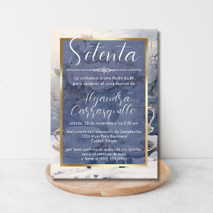 Spanish Sophisticated Blue Tea Party 70th Birthday Invitation