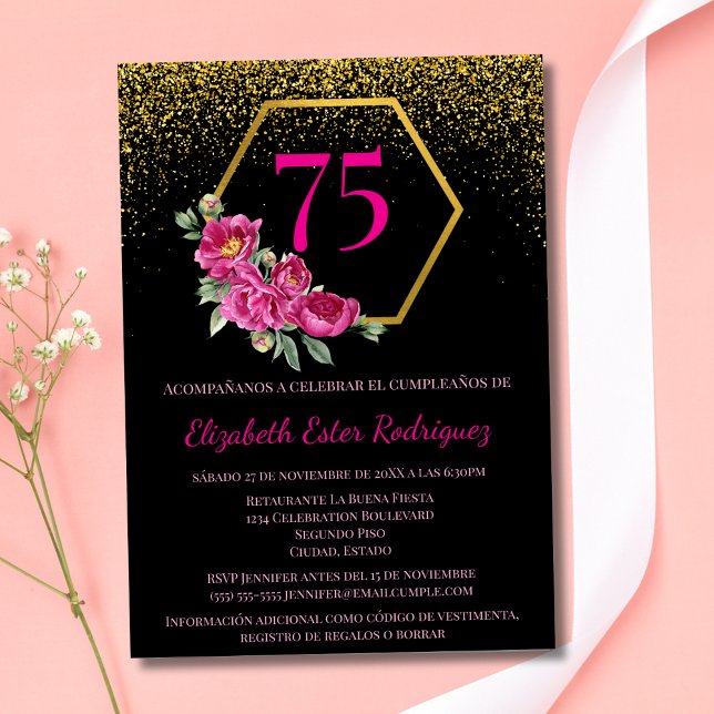 Spanish Stunning Black Gold & Pink 75th Birthday Invitation (Creator Uploaded)