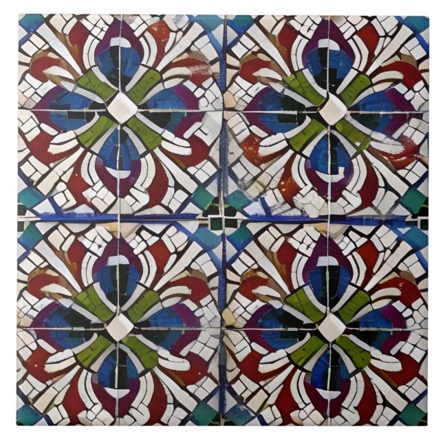 Spanish Style Simulated Mosaic Blue Red Green Ceramic Tile (Front)