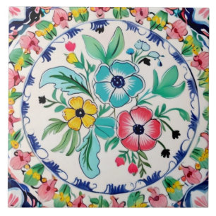 Spanish Summer Colorful Floral Pink & Blue Flowers Ceramic Tile