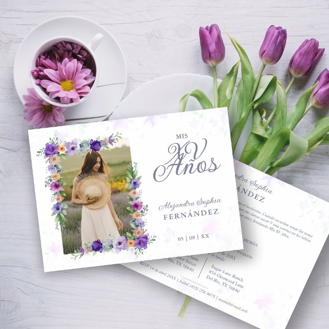 Spanish Sweet Floral Charm Lilac Shades Photo XV Invitation (Spanish Sweet Floral Charm Lilac Shades Photo Quiceañera Invitation with Envelope. )