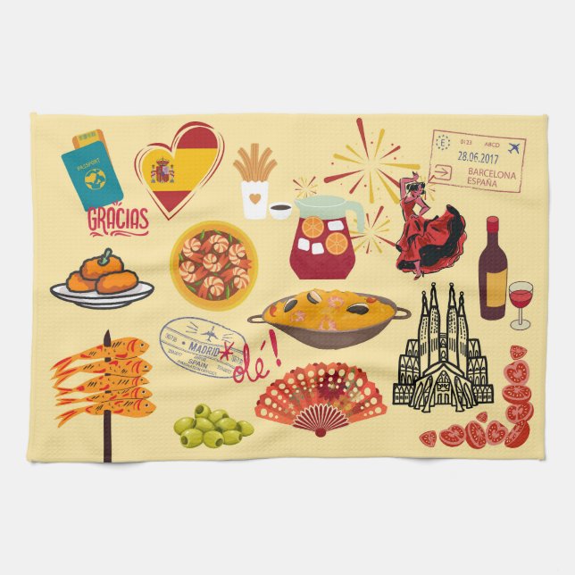 Spanish Symbols Travel Lovers Kitchen Towel (Horizontal)