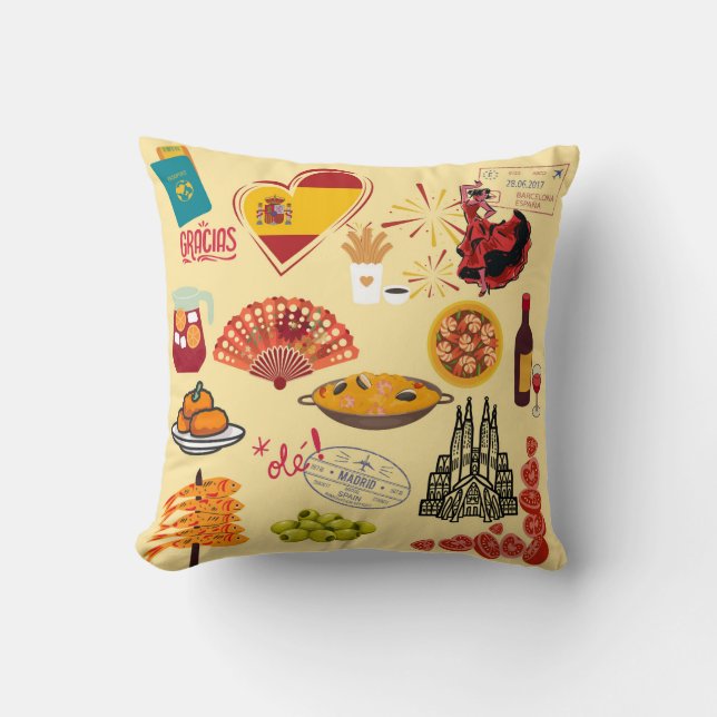 Spanish Symbols Travel Lovers Throw Pillow (Front)