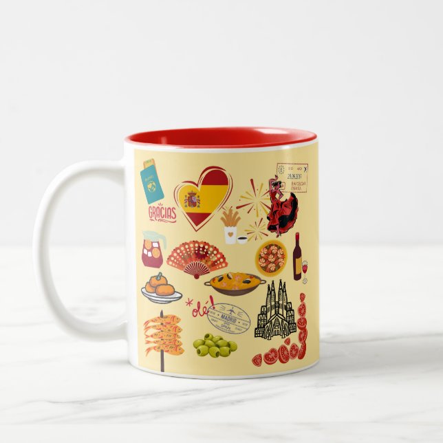 Spanish Symbols Travel Lovers Two-Tone Coffee Mug (Left)