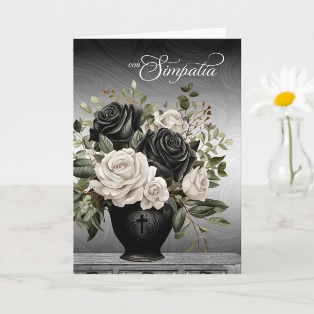 Spanish Sympathy Vase of Black and White Roses Card (Small Plant)