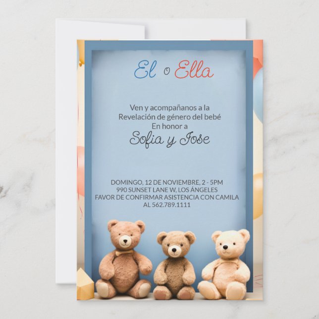Spanish Teddy Bear Theme Gender Reveal Invitation (Front)