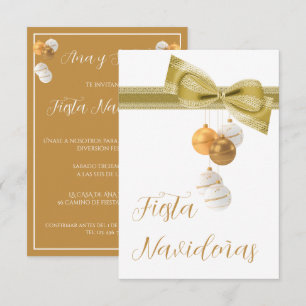 Spanish Text Baubles & Bow Christmas Party Invitation