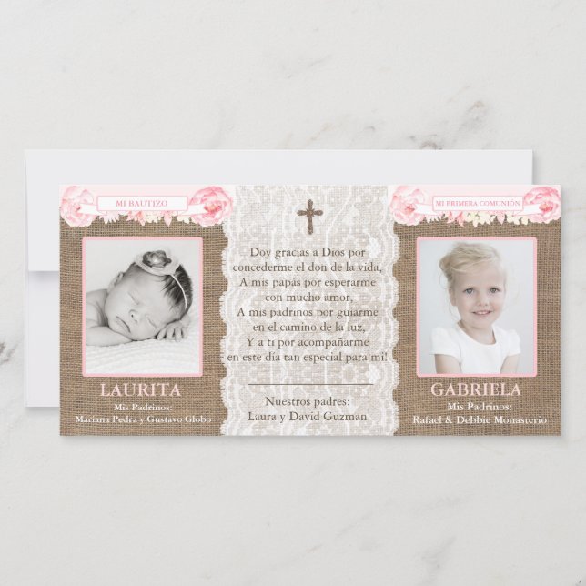 Spanish thank you card; sisters baptism communion card (Front)