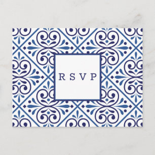 Spanish tile indigo navy wedding RSVP MEAL CHOICE Invitation Postcard