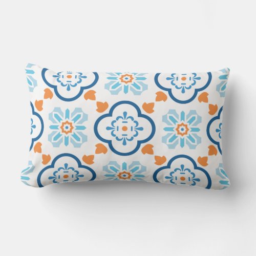 Spanish Tile Mediterranean Blue Orange White Lumbar Pillow