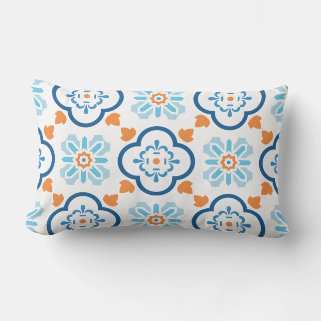 Spanish Tile Mediterranean Blue Orange White Lumbar Pillow (Front)