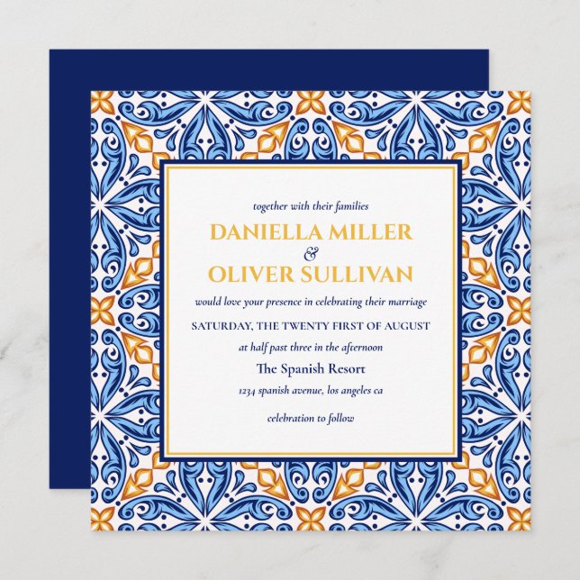 Spanish Tile | Yellow Blue Mediterranean wedding Invitation (Front/Back)