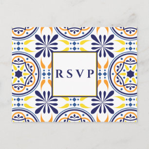 Spanish tile yellow navy wedding RSVP MEAL CHOICE Invitation Postcard
