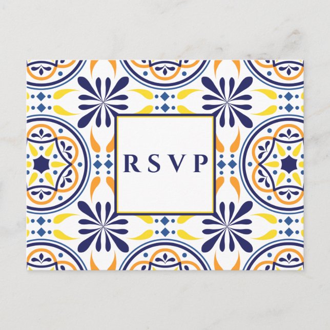 Spanish tile yellow navy wedding  RSVP MEAL CHOICE Invitation Postcard (Front)