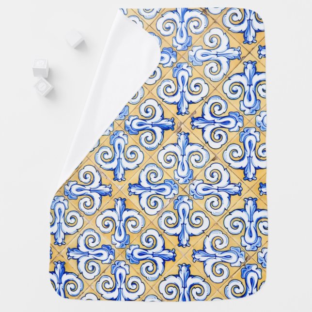 Spanish Tiles - Azulejo Blue, Yellow and White Baby Blanket (In Situ)