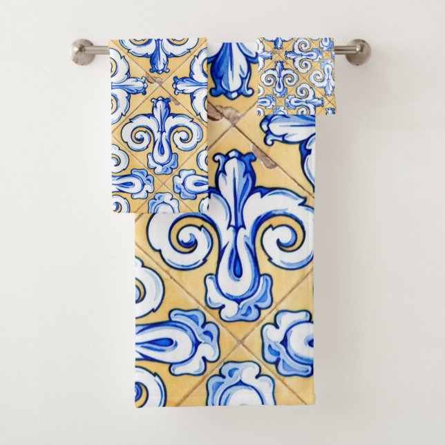 Spanish Tiles - Azulejo Blue, Yellow and White Bath Towel Set (Insitu)