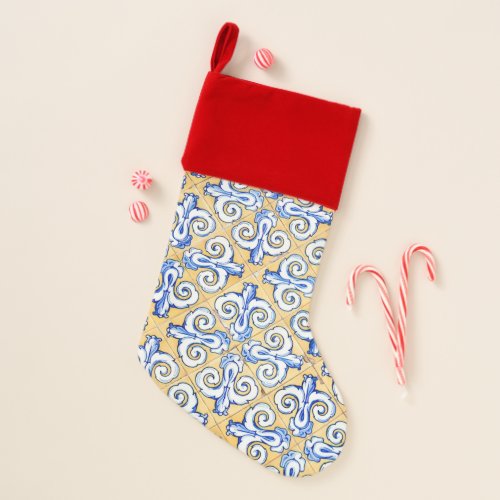 Spanish Tiles _ Azulejo Blue Yellow and White Christmas Stocking