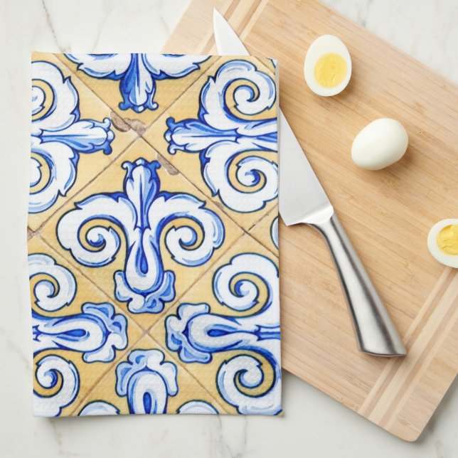 Spanish Tiles - Azulejo Blue, Yellow and White Kitchen Towel (Quarter Fold)