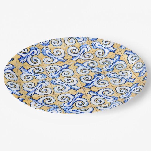 Spanish Tiles - Azulejo Blue, Yellow and White Paper Plates (Angled)