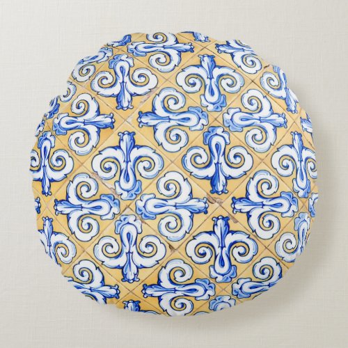 Spanish Tiles _ Azulejo Blue Yellow and White Round Pillow