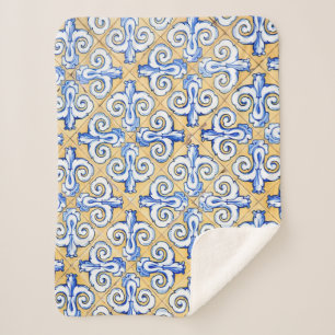 Spanish Tiles - Azulejo Blue, Yellow and White Sherpa Blanket