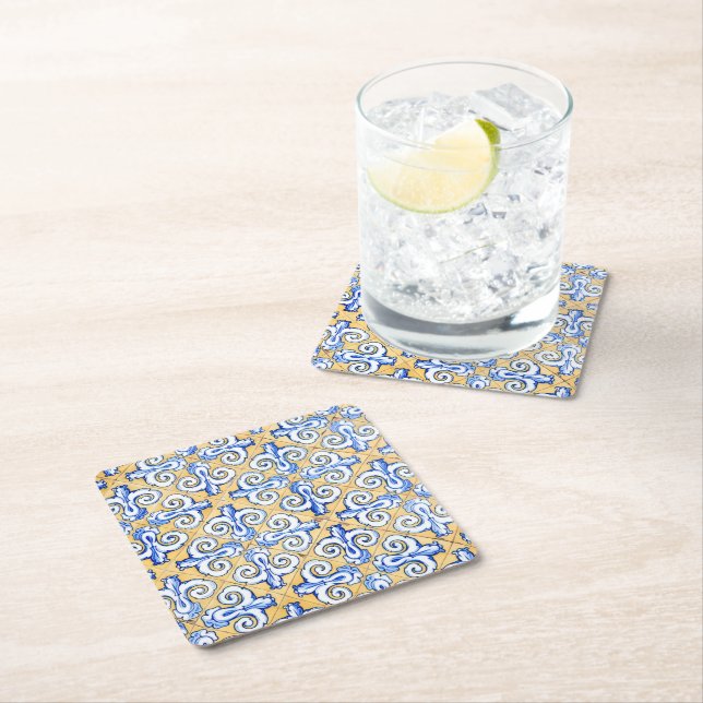 Spanish Tiles - Azulejo Blue, Yellow and White Square Paper Coaster (Insitu)