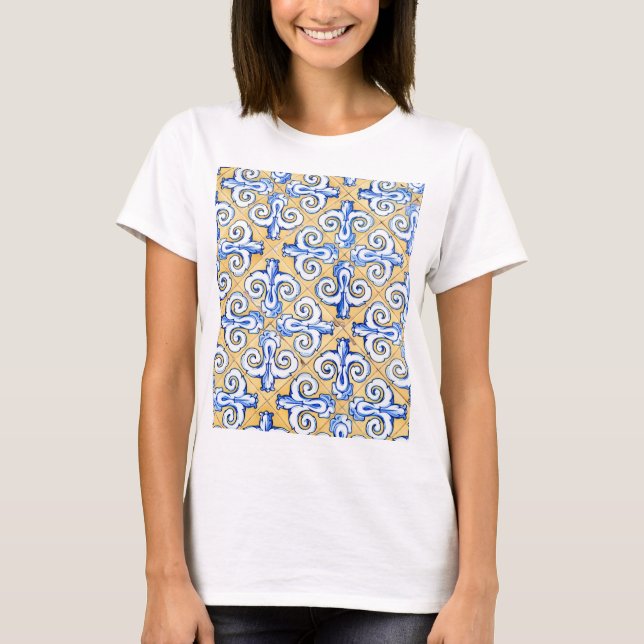 Spanish Tiles - Azulejo Blue, Yellow and White T-Shirt (Front)