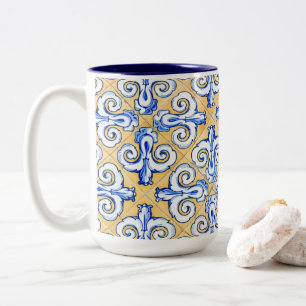 Spanish Tiles - Azulejo Blue, Yellow and White Two-Tone Coffee Mug