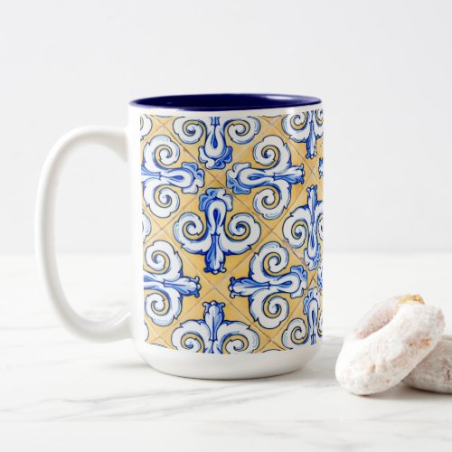 Spanish Tiles _ Azulejo Blue Yellow and White Two_Tone Coffee Mug