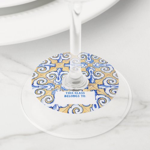 Spanish Tiles _ Azulejo Blue Yellow and White Wine Glass Tag