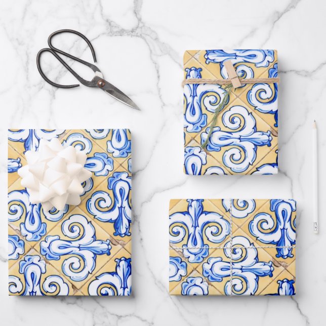 Spanish Tiles - Azulejo Blue, Yellow and White Wrapping Paper Sheets (Front)