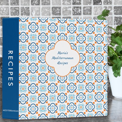 Spanish Tiles Blue and Orange Mediterranean Recipe 3 Ring Binder