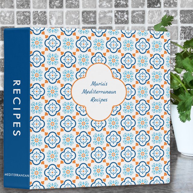 Spanish Tiles Blue and Orange Mediterranean Recipe 3 Ring Binder (Mediterranean tiled pattern in cheerful blue orange and white)