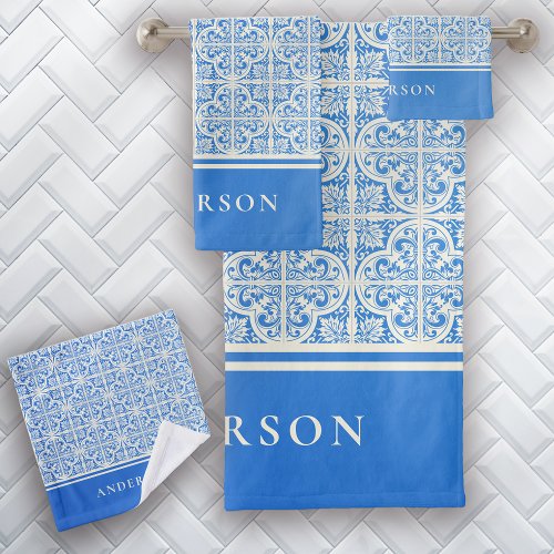 Spanish Tiles Blue Floral Monogram Name Bath Towel Set