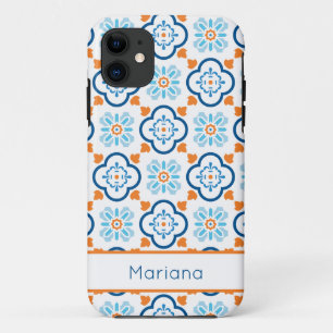Spanish Tiles Blue Orange and White Personalized iPhone 11 Case